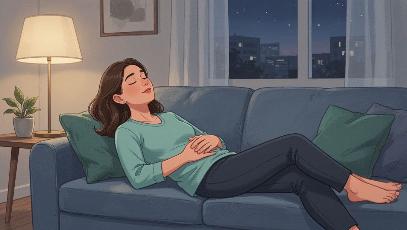 A professional woman in her mid-30s lies relaxed on a sofa in a cozy living room after work, eyes closed during a body scan meditation with one hand on her abdomen, illuminated by soft evening lamp light in modern illustration style with pastel blues and greens.