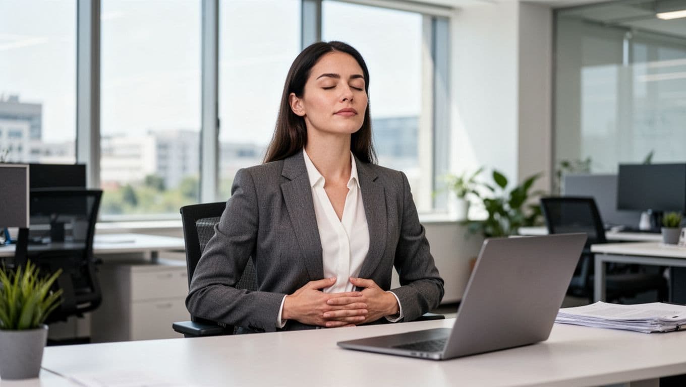 A professional woman in business attire sits at a desk in an open office, eyes closed practicing box breathing with hands relaxed on her abdomen, surrounded by a subtle calm aura under natural daylight from a window. The photorealistic image shows a slightly angled laptop with a blank screen, with no other humans, text, or logos visible.