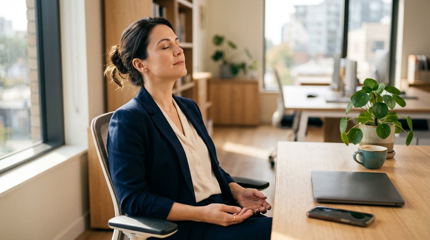 Solo professional woman at contemporary office desk pauses for a short breathing break, eyes closed inhaling deeply with relaxed hands palms up on lap, closed laptop and blurred smartphone nearby, serene workspace with green plant and coffee mug under warm natural window light.
