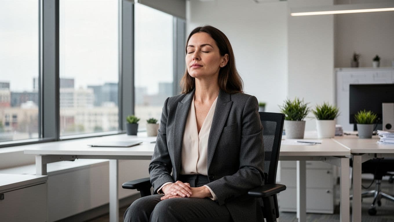 A professional woman sits upright at a modern office desk with eyes closed and hands relaxed on her lap, taking a deep calm breath with subtle chest rise, lit by natural window light in realistic photography style.