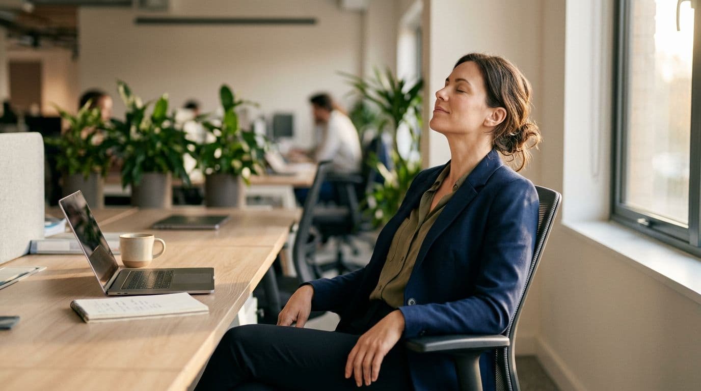 Mid-30s professional woman in business casual at modern open-plan office desk transitions from tense to relaxed posture inhaling deeply with eyes closed, hands on lap, soft afternoon light, blurred background.
