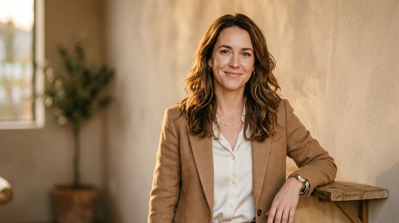 Realistic three-quarter portrait of a 35-40 year old professional woman with natural approachable expression and soft smile, warm golden hour tones on skin and attire, relaxed posture against simple neutral textured wall.