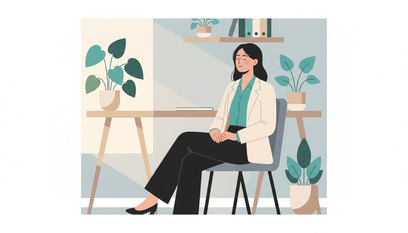 Professional woman at office desk with eyes closed breathing deeply hands relaxed on lap plants nearby.