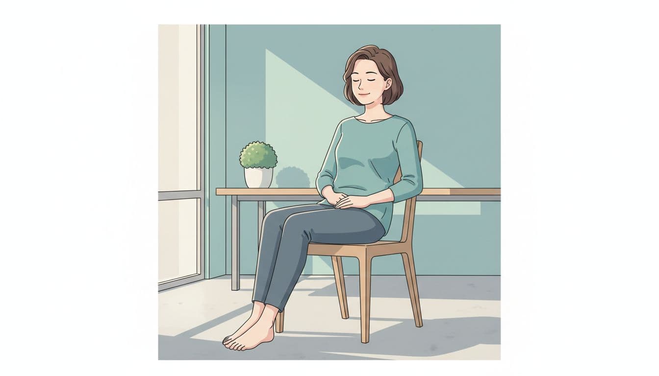 A young professional woman sits comfortably in a simple chair with eyes closed, one hand on her abdomen, shoulders relaxed, in a quiet modern workspace.