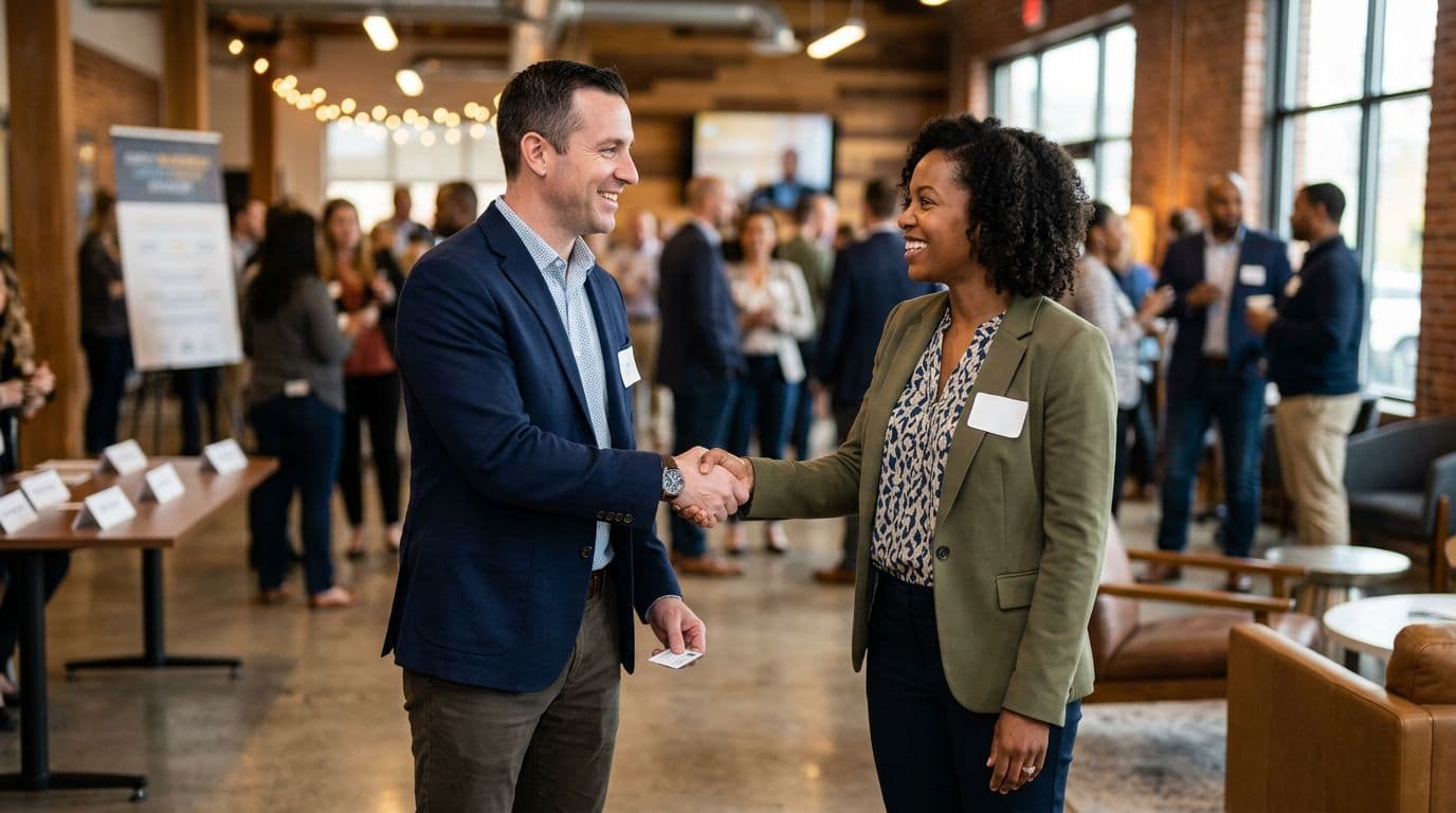 Two professionals, one man and one woman in business casual attire, shaking hands with genuine smiles at a local business event in a Cherry Hill, NJ coworking space, with blurred background and warm ambient lighting.