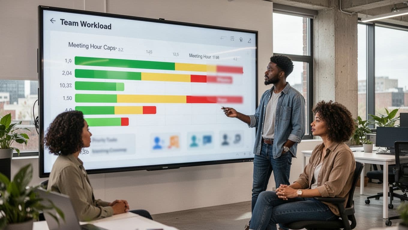 Two diverse professionals, one standing and one sitting casually, review a modern shared digital board on a large screen displaying team workload with simple capacity bars in green, yellow, and red, visualized meeting hour caps, and blurred priority task icons in an open office space with daylight through windows, realistic photo style.