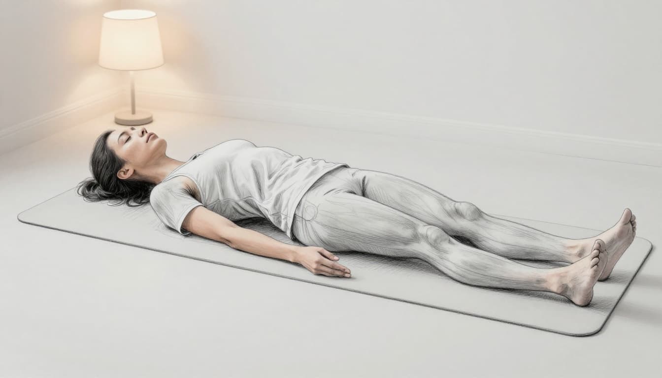 Hand-drawn graphite sketch of one person lying on a yoga mat in a simple bedroom, tensing muscles in lower legs and feet with eyes closed in focus, side profile from feet to head under soft lamp light.