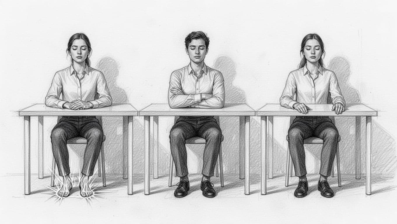 Hand-drawn graphite sketch of a young professional in an office or home setting performing progressive muscle relaxation, tensing from feet and calves up through legs to arms, shown in sequence with poses or arrows, culminating in a relaxed face.