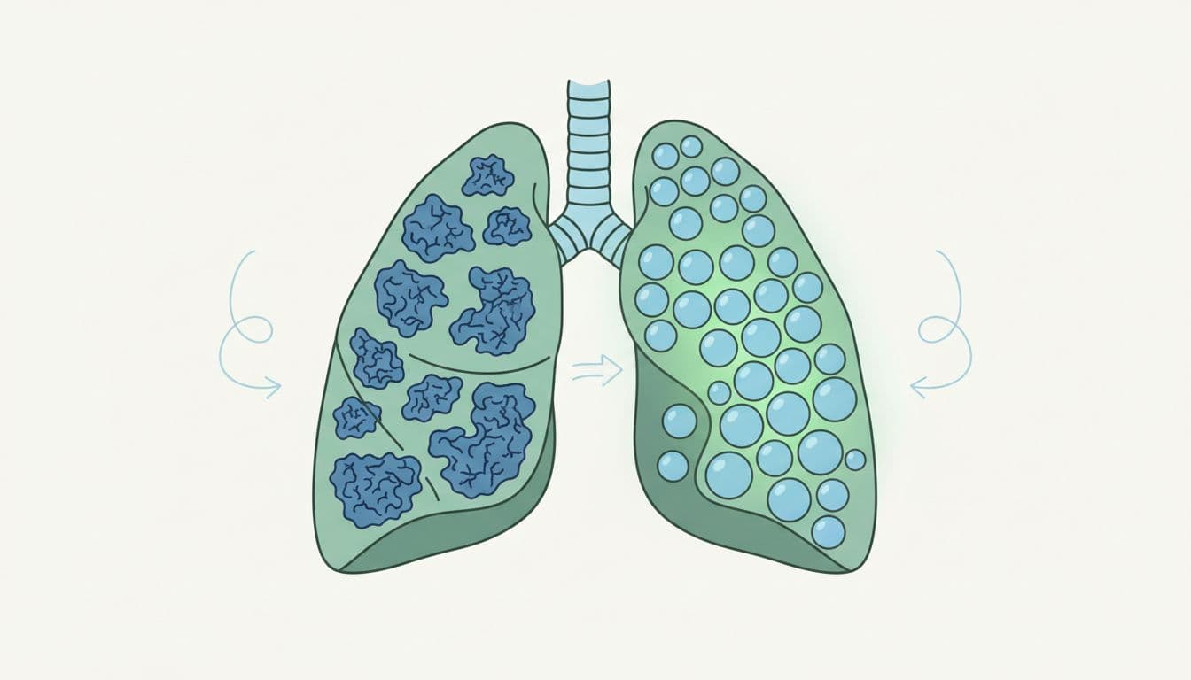 Illustration of human lungs showing deflated alveoli from stress on the left and fully reinflated after a double inhale on the right, highlighting the before-after effect of a psychological sigh.