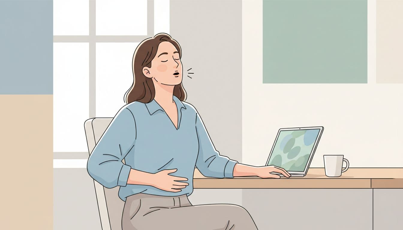 Illustration of a young professional woman at a modern office desk demonstrating the psychological sigh: double inhale through nose, long slow exhale through mouth, hand on belly, relaxed posture with eyes softly closed, laptop and coffee mug nearby.