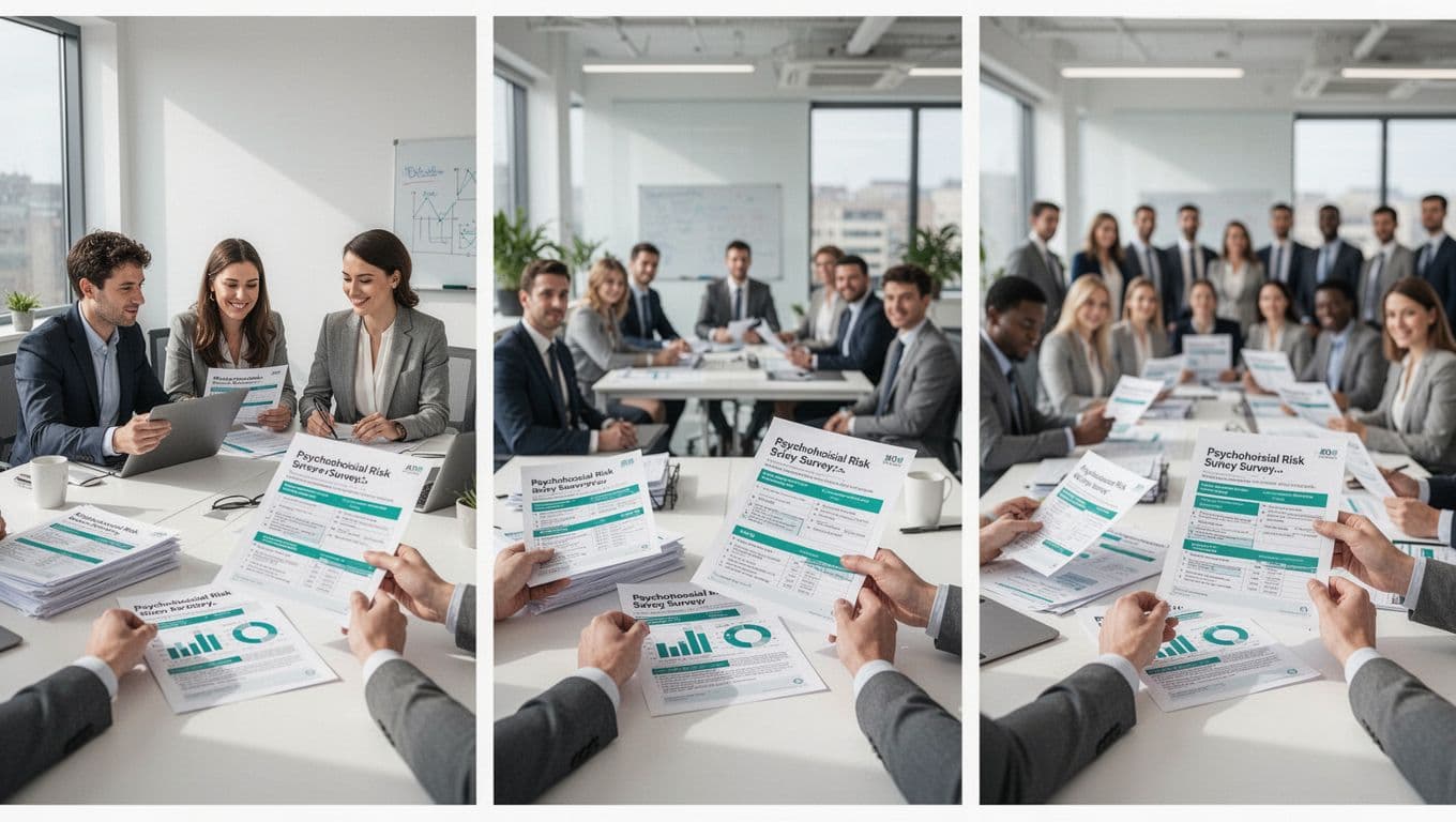 Modern illustration of three side-by-side office scenes: small (3 people), medium (10), and large (20+) teams reviewing psychosocial risk surveys and policies on desks, with compliance highlights in teal.