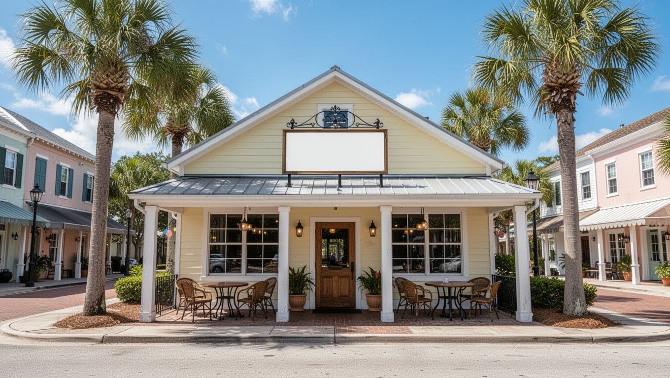Cómo empezar un restaurante en Florida (sin perder el sueño en el intento) 5 Exterior of a charming small restaurant in a quaint Florida town street, featuring palm trees, blank signboard, inviting entrance with empty outdoor seating, under a sunny blue sky. Photorealistic landscape with no people, cars, or logos.