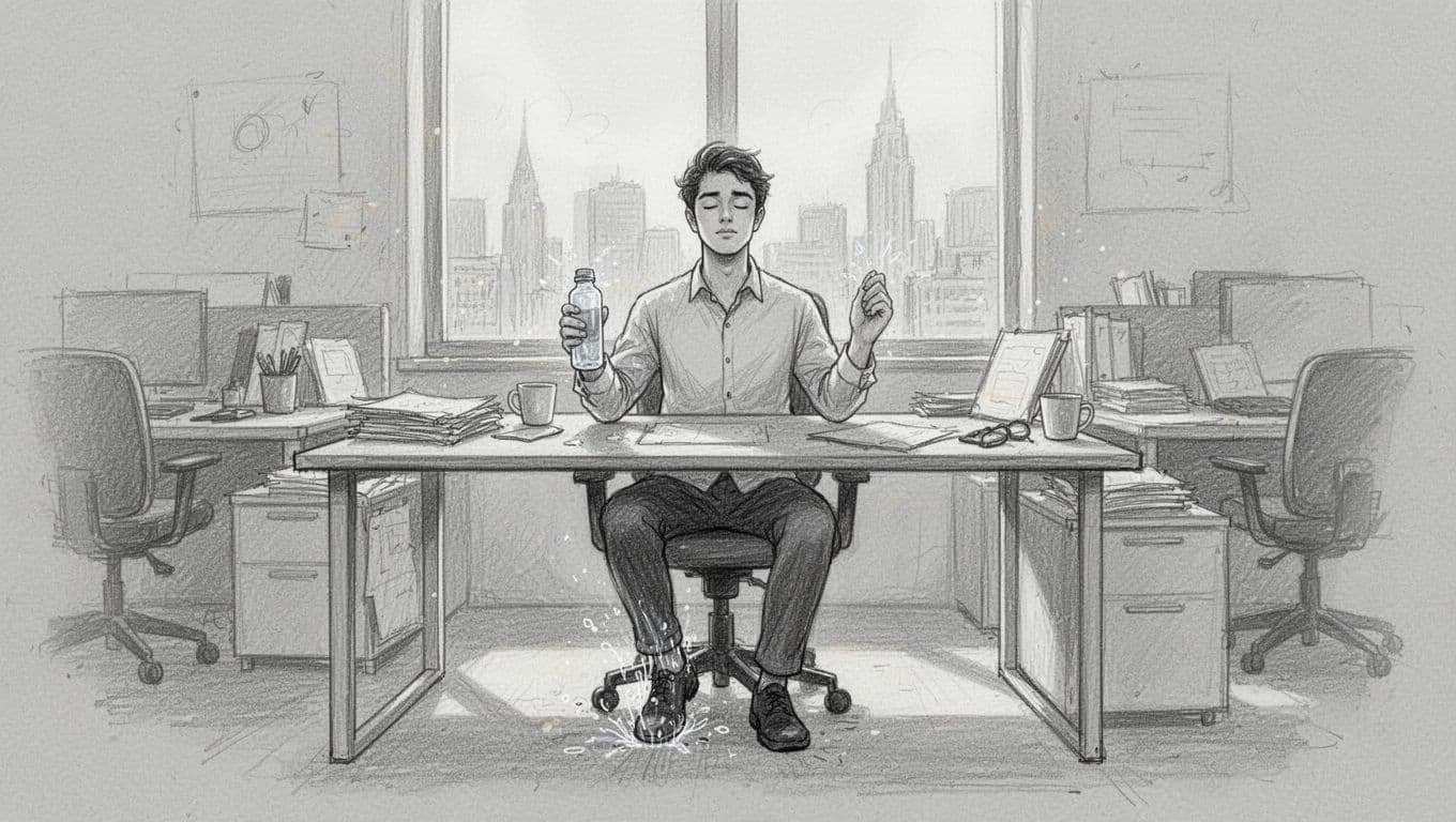 A young professional seated at a cluttered desk in a busy open-plan city office performs a 5-minute grounding routine: one hand pressing feet into the floor, the other holding a cold water bottle against the palm, eyes closed, with a subtle city skyline visible; hand-drawn graphite sketch style.