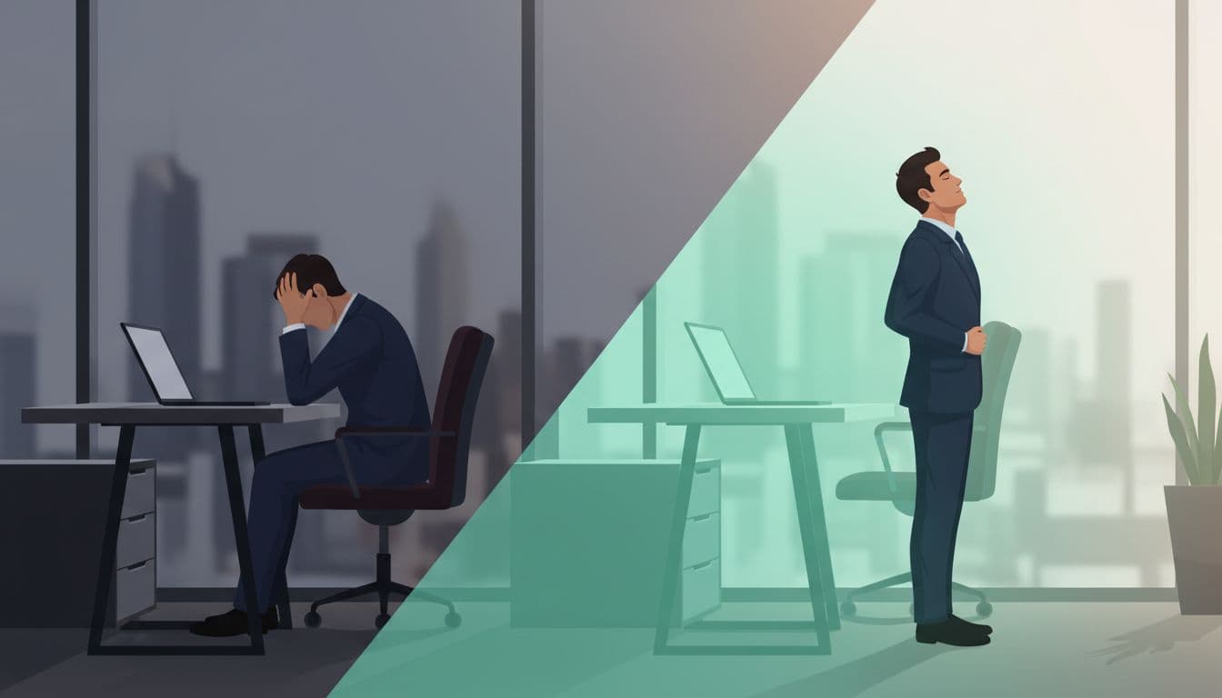 Split composition illustration of a recruitment professional in a modern CDMX office transforming from stressed with head in hands at laptop to serene breathing deeply with hands on abdomen.