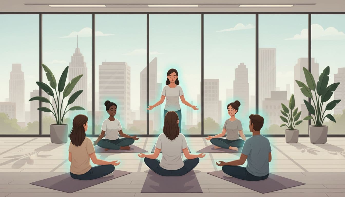 Professional realistic illustration of a diverse recruitment team of six people seated in a circle during a breathwork group workshop in a modern executive office in Mexico City. A facilitator guides micro breathing pauses with calm, focused expressions amid plants, urban views, sober tones accented by teal auras, soft natural lighting.