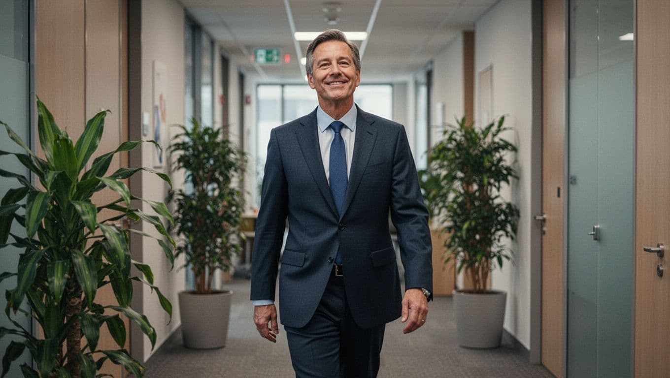 An executive leader in a suit walks refreshed through an office hallway during a short break, with simple plant background, soft lighting, motivational and realistic.