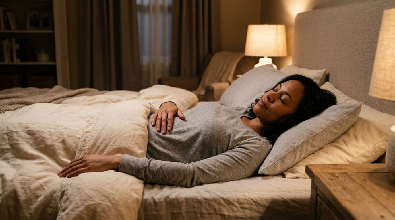 One relaxed adult lies in a cozy bed under low ambient lighting, hand gently on belly demonstrating diaphragmatic breathing, eyes closed with a soft peaceful expression in a neutral-toned bedroom.