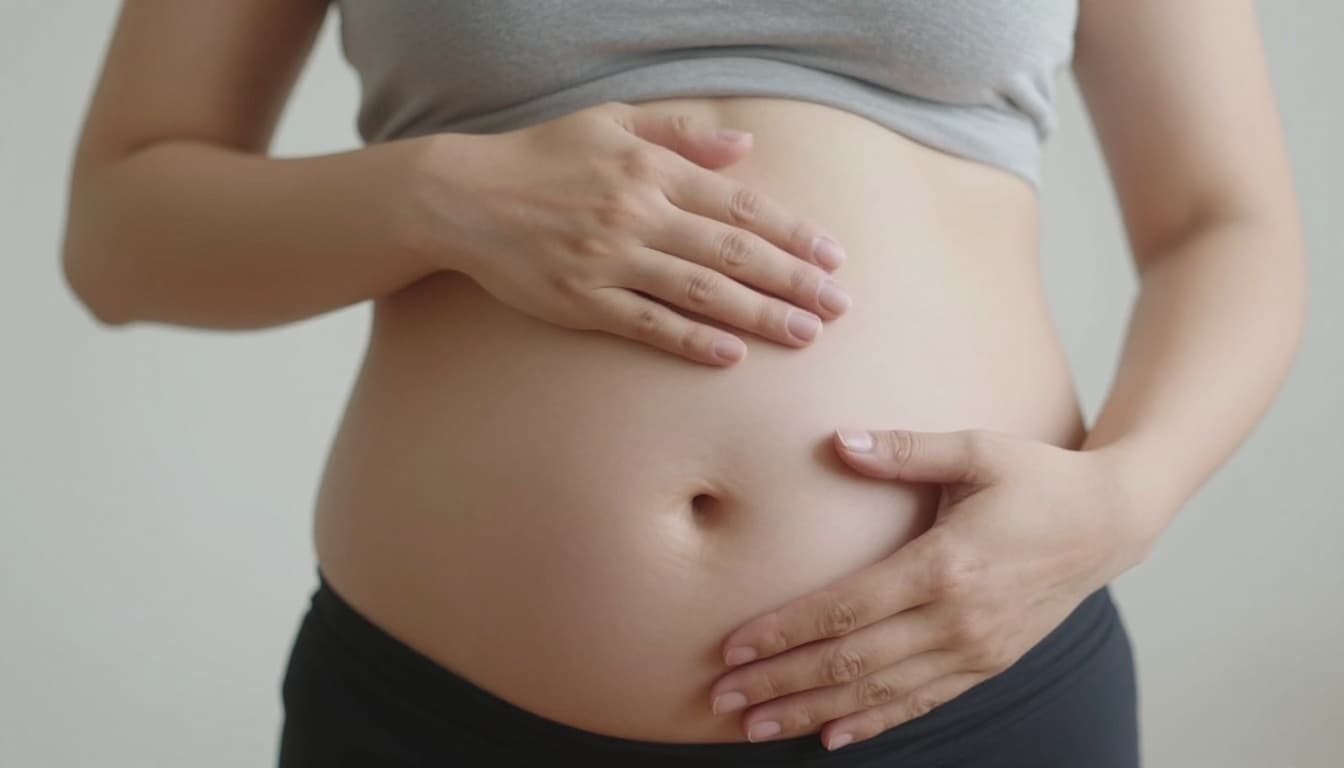 Close-up of a person's relaxed torso and lower belly in soft focus, with a hand gently resting on the abdomen to illustrate subtle belly breathing motion. Neutral clothing, plain background, realistic photo style with soft side lighting, no face or text visible.