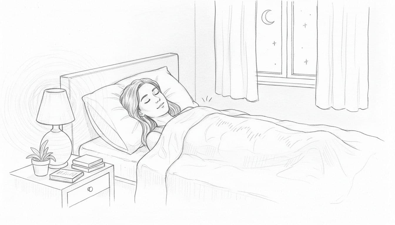 Hand-drawn graphite sketch of a person lying in bed at night, eyes closed in relaxation, gentle chest rising with soft breathing, serene bedroom with dim lamp light on clean white background.