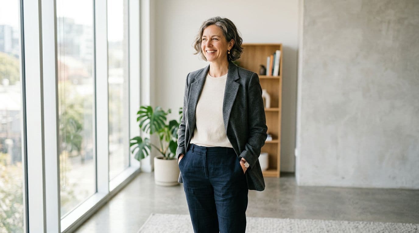 A single business founder relaxes during a portrait photoshoot with a natural smile, standing casually hands in pockets in a modern studio lit by large window light, captured in realistic candid three-quarter body view with soft diffused lighting.