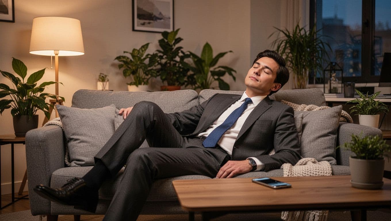 A relaxed business professional rests on an office couch after work with eyes closed, recovering energy for better sleep, phone aside in a cozy setting with plants and lamp.