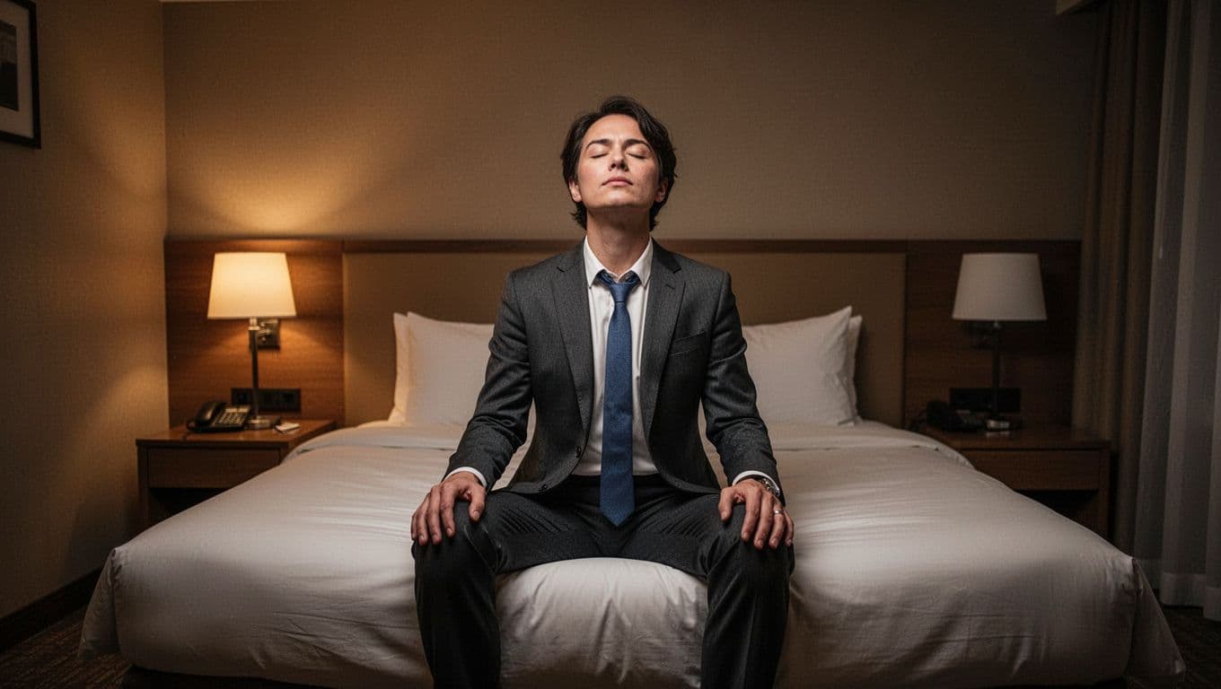 A person in relaxed business attire sits on a bed in a dark hotel room, eyes closed, hands on knees, practicing deep breathing under warm bedside lamp light, calm serene photography style with wide composition.