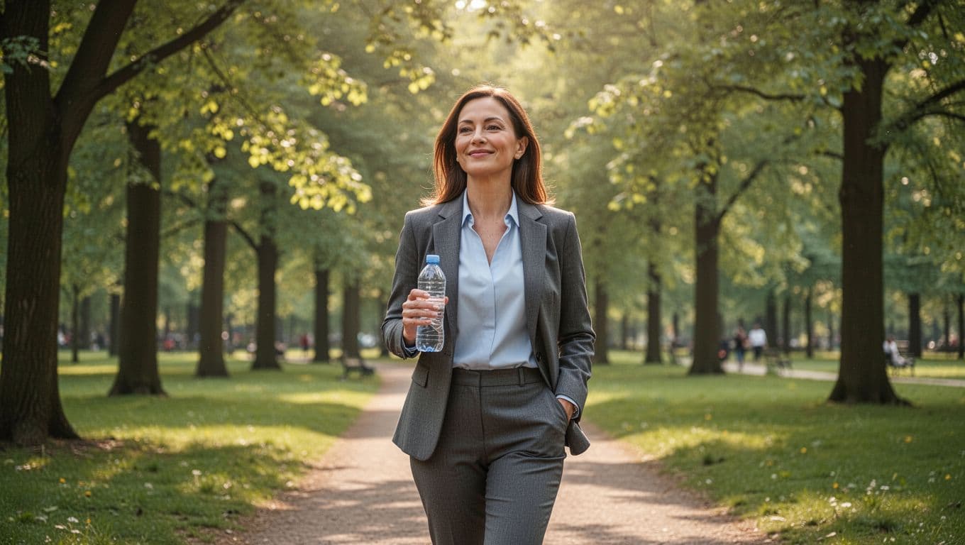 An executive woman in business attire walks relaxed and refreshed through a serene daytime park, smiling slightly while carrying a water bottle, with soft sunlight filtering through green trees and a nature trail in the background.
