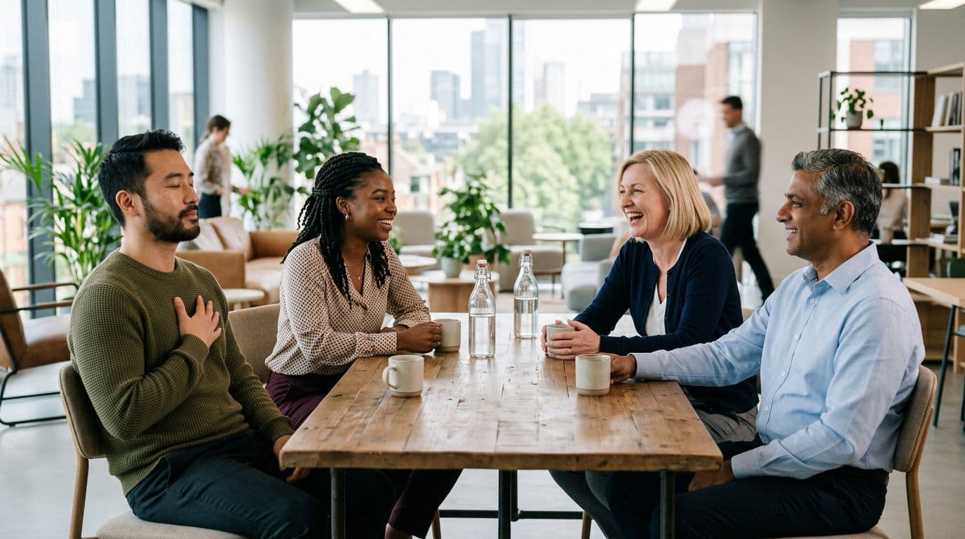 A photorealistic image of exactly four diverse office workers looking relaxed in subtle breathing poses, naturally interacting in a modern open office with bright daylight, no devices, text, or logos visible.