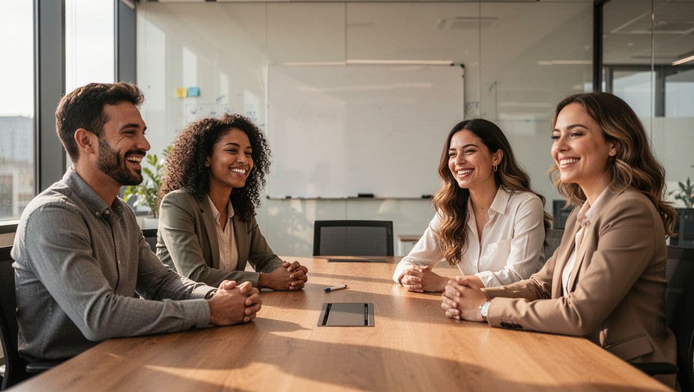 A group of four diverse office workers—two men and two women—smiling in a relaxed, low-stress team meeting in a modern conference room with natural warm lighting, hands relaxed and no laptops open, conveying a collaborative and calm vibe.