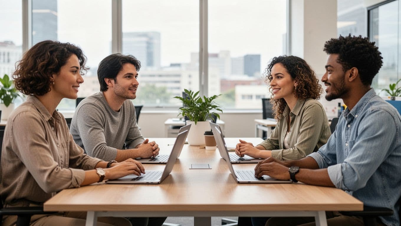 Four diverse professionals calmly discussing around a table in a bright open office, laptops closed, no phones visible, collaborative relaxed vibe, photorealistic.