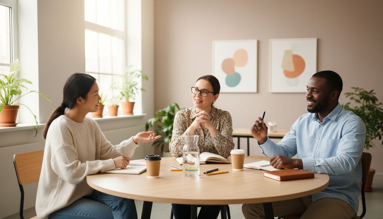 Small team of three diverse professionals in a relaxed office meeting around a table, discussing calmly with notebooks in bright natural light, creating a collaborative and anxiety-reducing atmosphere.