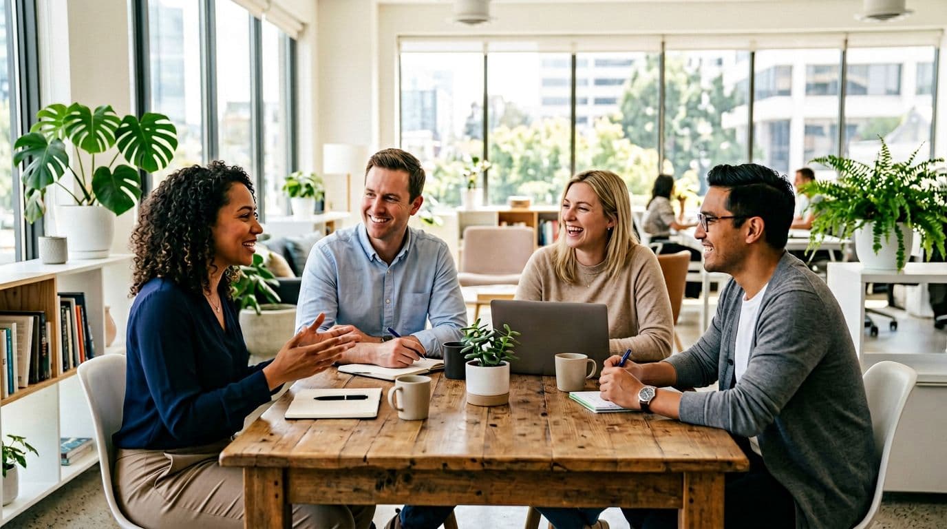 A small group of exactly four employees—two men and two women—smiling and calmly discussing around a table in a bright office with natural lighting and positive interaction.