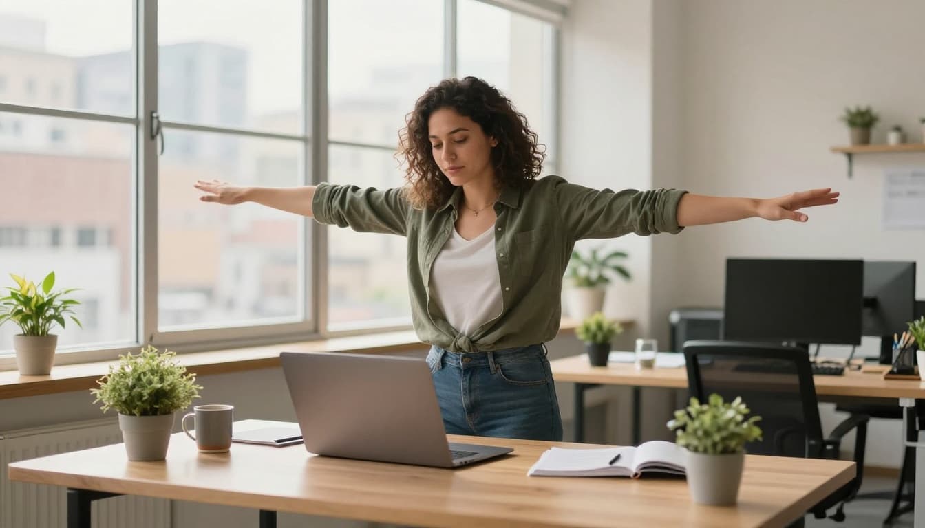 A single relaxed employee in a bright home office hybrid workspace stands near the desk, gently stretching arms after a work break, with a closed laptop, coffee mug, plant, and city view through the window in warm natural light.