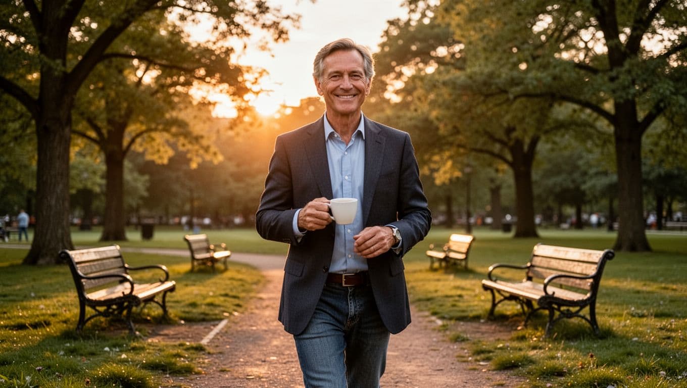 A suited business leader walks calmly through a verdant park at sunrise, holding a coffee cup with a light smile, impeccable casual attire, serene morning light filtering through trees and empty benches.