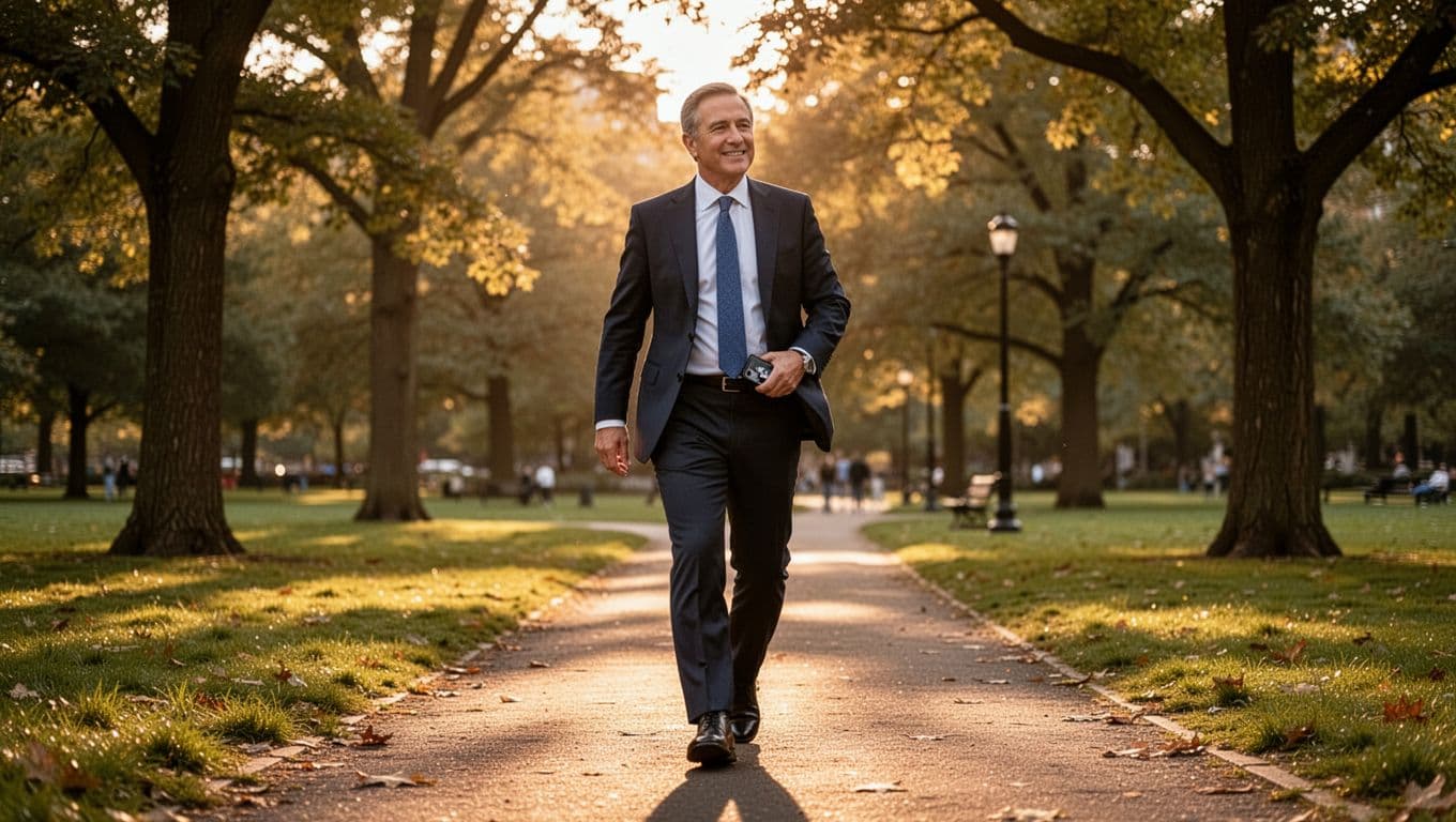 A solo executive strolls relaxed outdoors in a park during golden hour, phone unused in pocket, surrounded by trees and paths, emphasizing genuine rest and nature in realistic style.