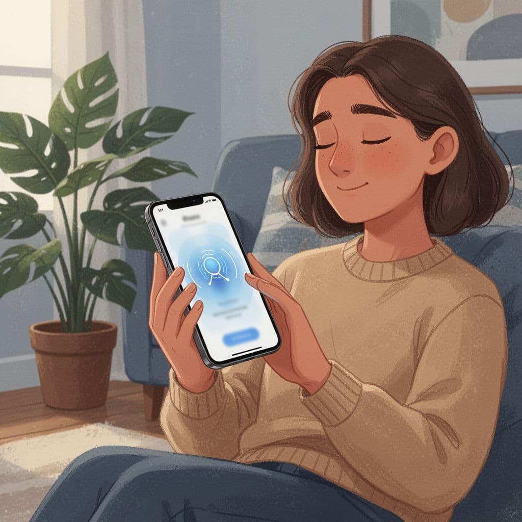 Illustration of a person in a quiet moment using a mobile app for guided breathing, holding the phone naturally with eyes closed in a cozy living room with a plant nearby. Modern illustration style features clean shapes, warm earth tones, and cool blues in natural indoor light.