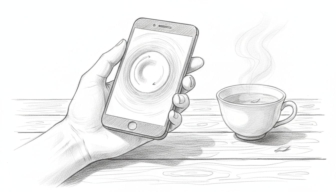 Hand-drawn sketch of a smartphone screen showing a breathing animation circle expanding and contracting, held loosely in one relaxed hand next to a cup of tea on a wooden table, in soft natural light with light shading on clean white background.