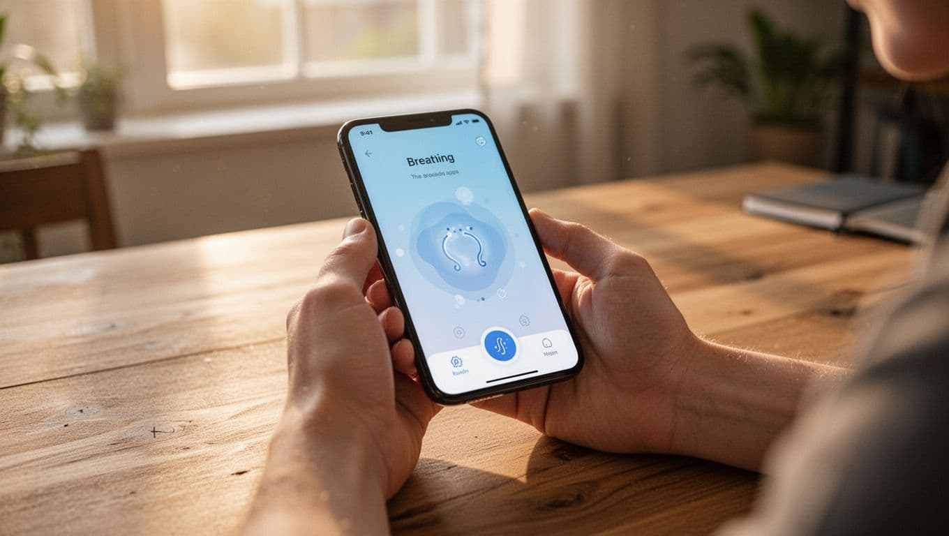 Close-up of relaxed hands holding a smartphone displaying a simple breathing app interface at an angle, resting on a wooden table in a peaceful home office with morning sunlight filtering through the window.