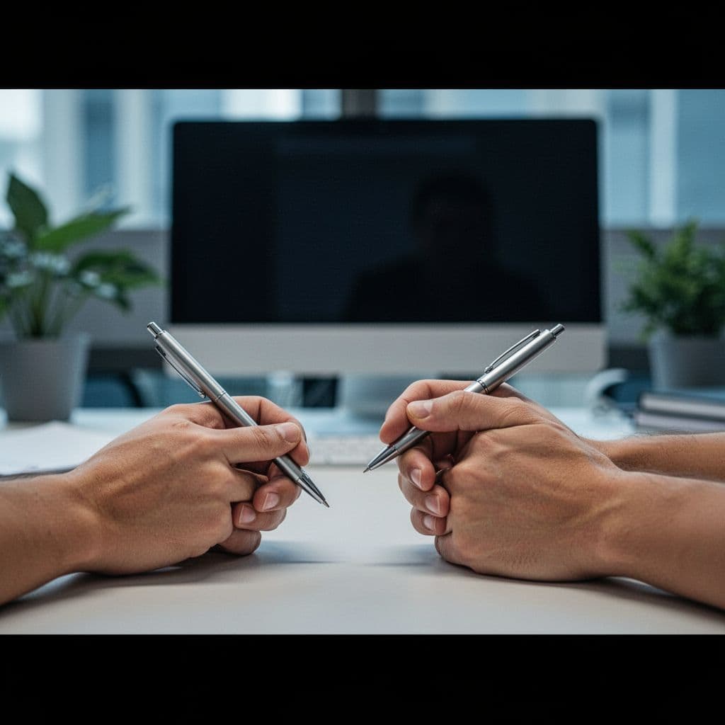 Close-up of two relaxed hands lightly holding a pen on a work desk, with a blurred office background showing a turned-off monitor, evoking a moment of breathing pause. Calm blue and green tones, intimate realistic composition with soft lighting, no text or faces visible.
