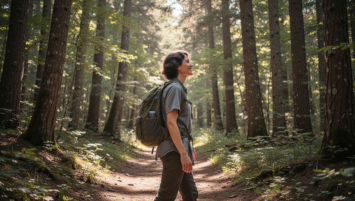 A calm person with a light backpack walks along a sunny wooded trail, light filtering through trees, side view in realistic nature photography style.