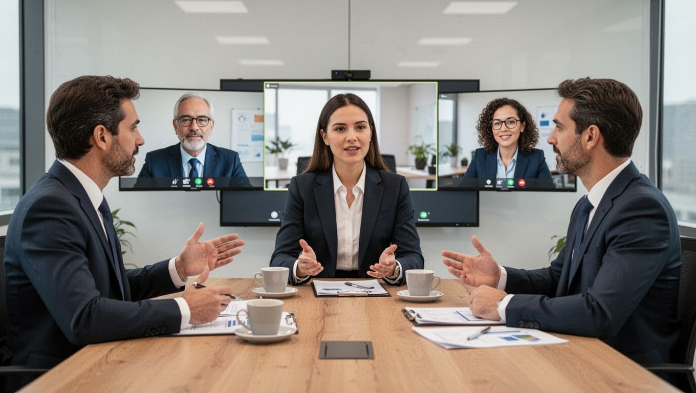 Small group of three executives in a hybrid office meeting, one in person and two on screens, calmly discussing with relaxed gestures around a table with coffee and notes, bright lighting, neutral background, modern realistic corporate style representing stress-free work balance.
