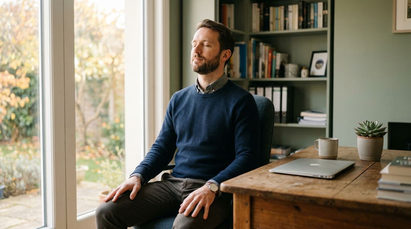 A mid-30s man in casual office attire sits at a wooden desk in a quiet home office, eyes closed in a deep calming breath with relaxed posture and hands on knees, closed laptop nearby, serene expression in warm natural light.