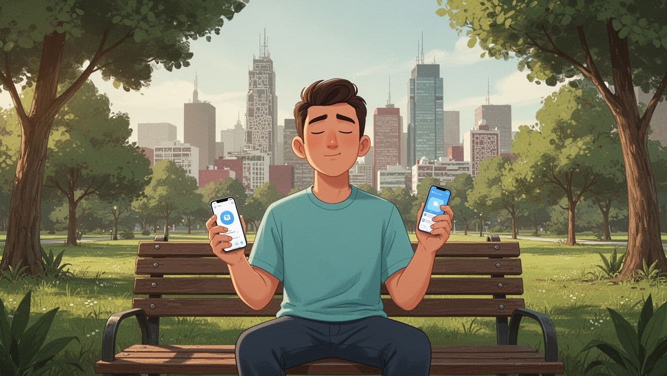 A serene man sits on a bench in a lush green park with Mexico City skyline in the background, eyes closed breathing calmly while loosely holding a smartphone with subtle Pausa app interface, in modern illustration style.
