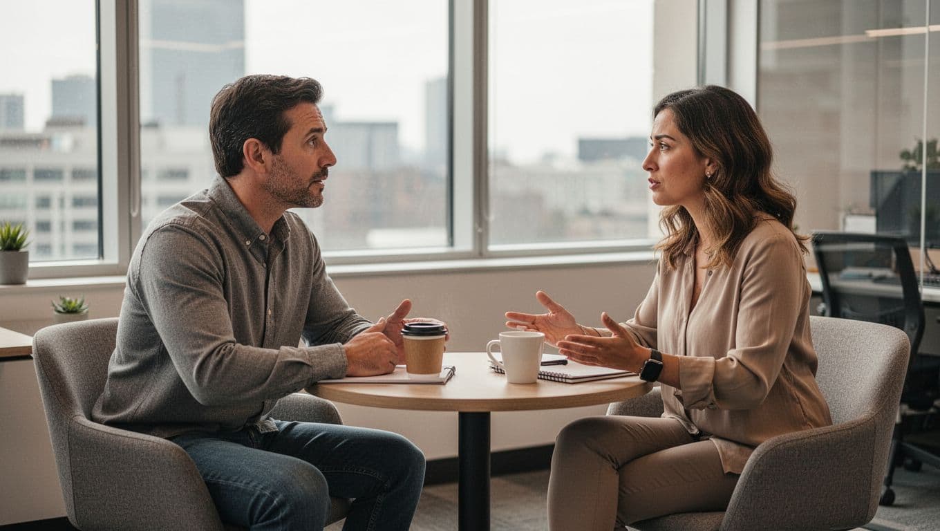 Manager and employee in a relaxed one-on-one check-in meeting in a modern office, seated at a small table with coffee cups and notebook, showing attentive listening and open body language under natural daylight.