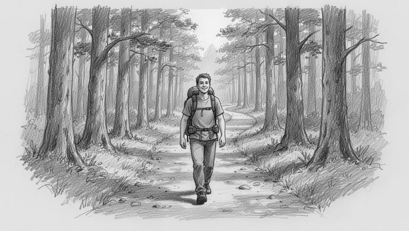 Hand-drawn graphite sketch featuring a single person in a relaxed stride on a nature path surrounded by trees, with a minimal backpack and fresh expression on a clean light gray background.
