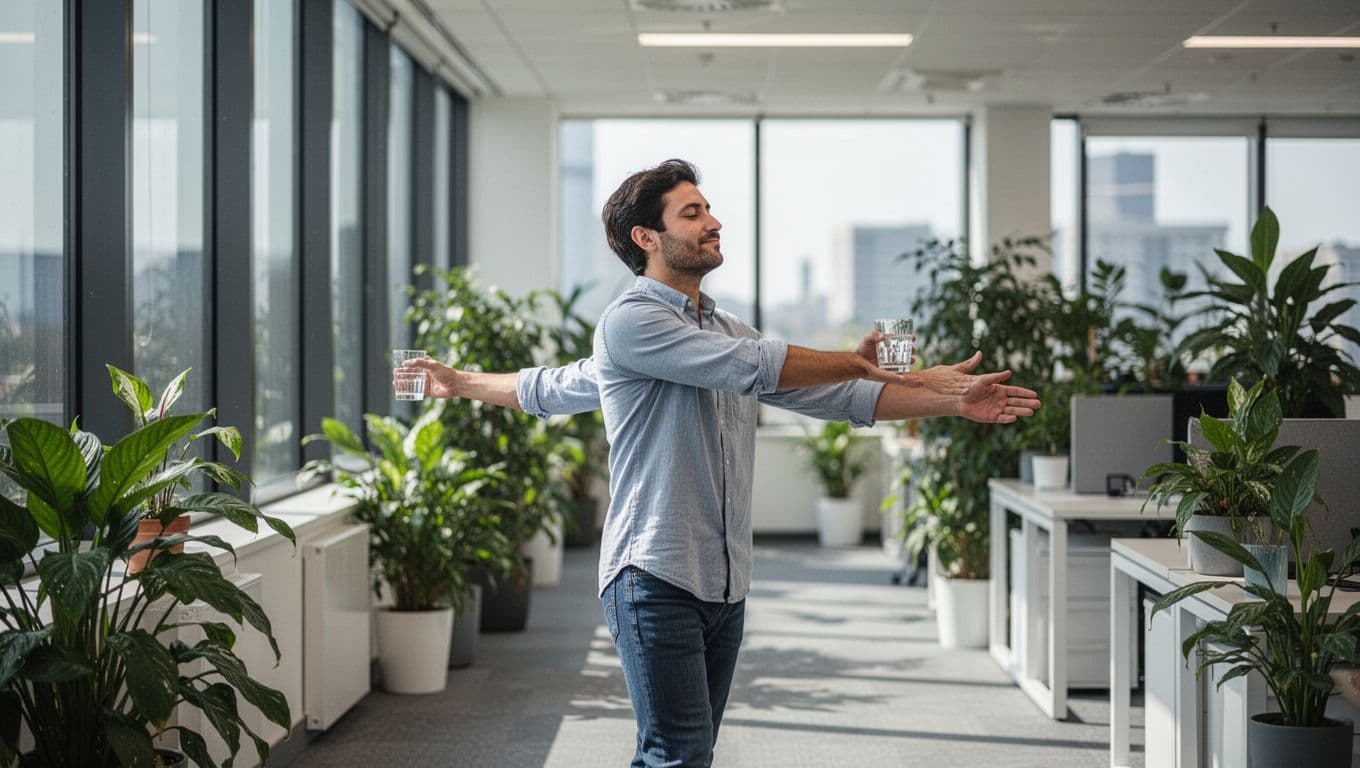 A single person walks through an open office hallway during a break, gently stretching arms while holding a water cup, with a relaxed expression amid large windows and green plants under bright natural light.