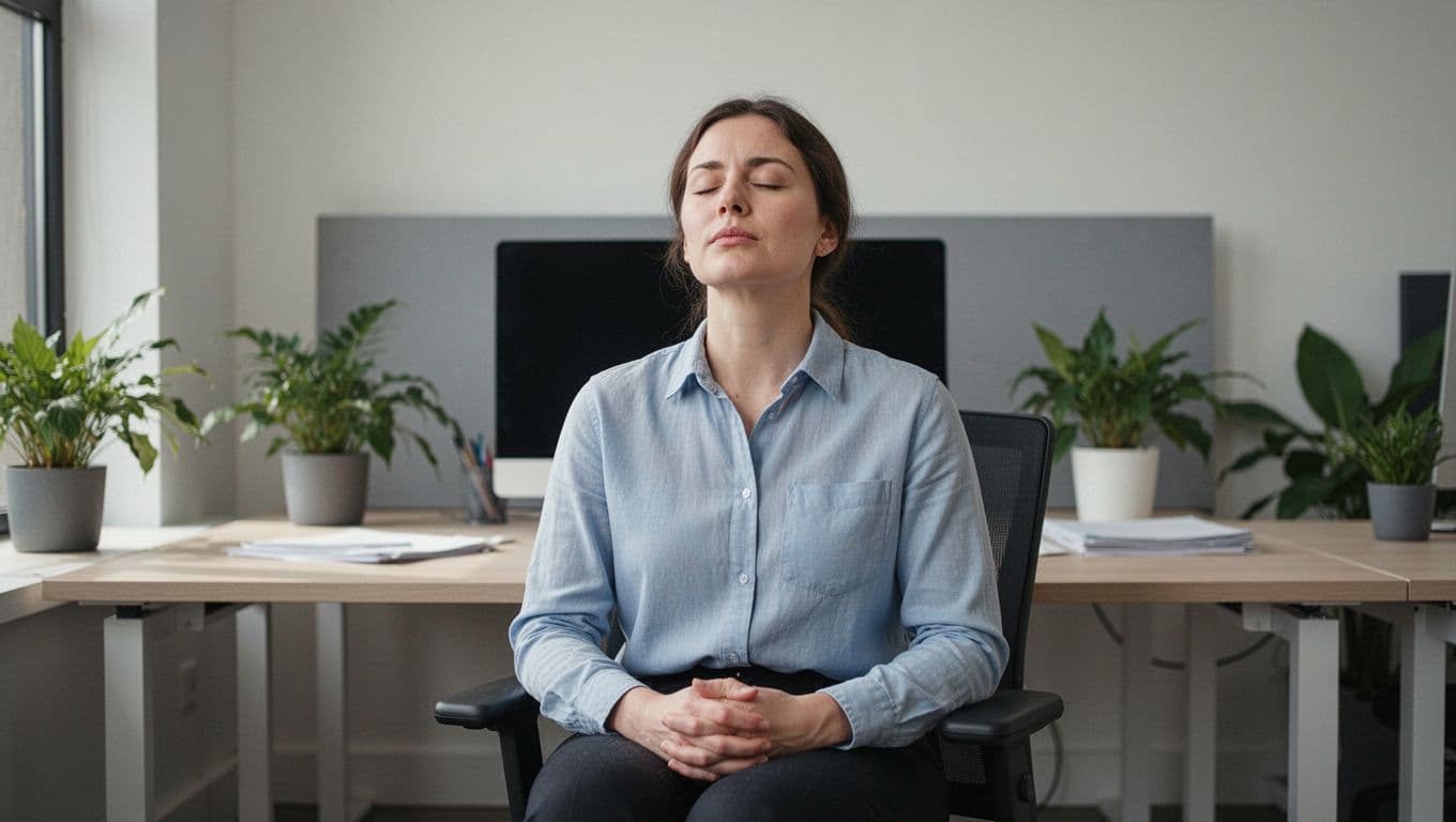 An office worker at a modern desk takes a short breathing pause with eyes closed and hands relaxed on lap, showing a subtle calm expression. Simple background features a computer and plants under natural daylight lighting, realistic style, one person only.