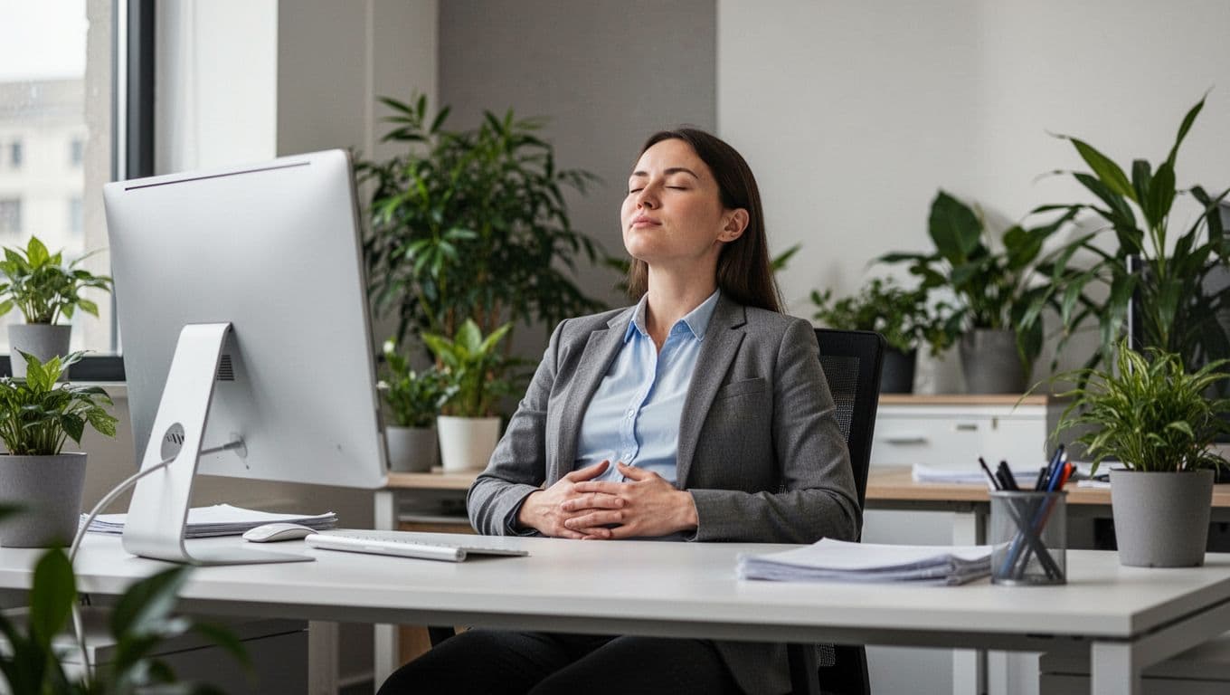 A single professional desk worker sits at a modern office desk with a computer, taking a deep breath with eyes closed, relaxed posture, hands on belly, and calm expression in an office setting with plants and natural window light.