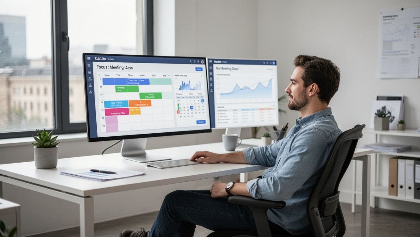 A single office worker in a relaxed posture sits at a modern minimalist desk, viewing a screen calendar with focus blocks and no-meeting days alongside a results dashboard, bathed in natural window light.
