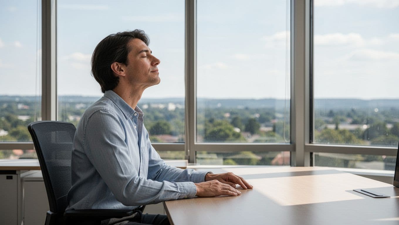 A single person sits at an office desk with relaxed eyes looking through a large window at an outdoor landscape, bathed in natural light, in a photorealistic side composition with hands resting on the desk.
